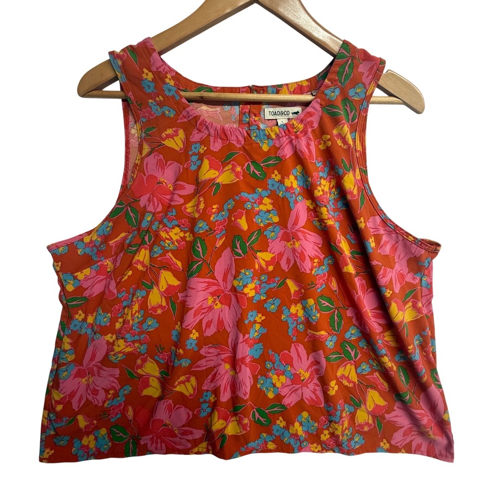 Toad&Co Sunkissed Button Back Tank Womens L Floral Orange Pink Stretch Top